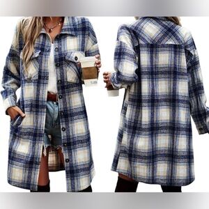 Brand New Navy Blue Cream Flannel Shacket Coat Plaid Button Down Shirt Jacket